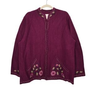 Vintage Wool Sweater Embroidered Art Floral Flower Grandma Cottage Lg